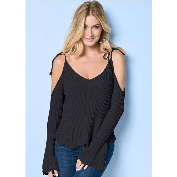 NWOT Venus Black Ribbed Cold-Shoulder V-Neck Sweater - Picture 2 of 7